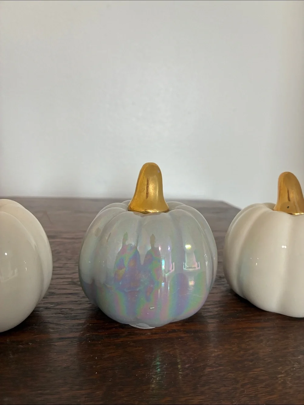 NWT- Set of 3- White & Gray Pearl Iridescent- Ceramic Pumpkins with Gold Stems